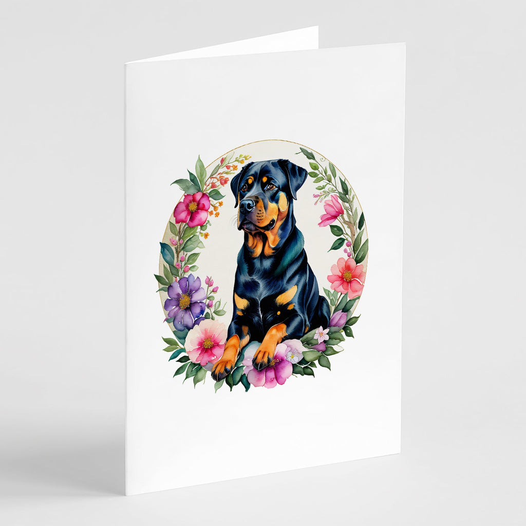 Rottweiler and Flowers Greeting Cards Pack of 8 Blank Cards with Envelopes Whimsical A7 Size 5x7