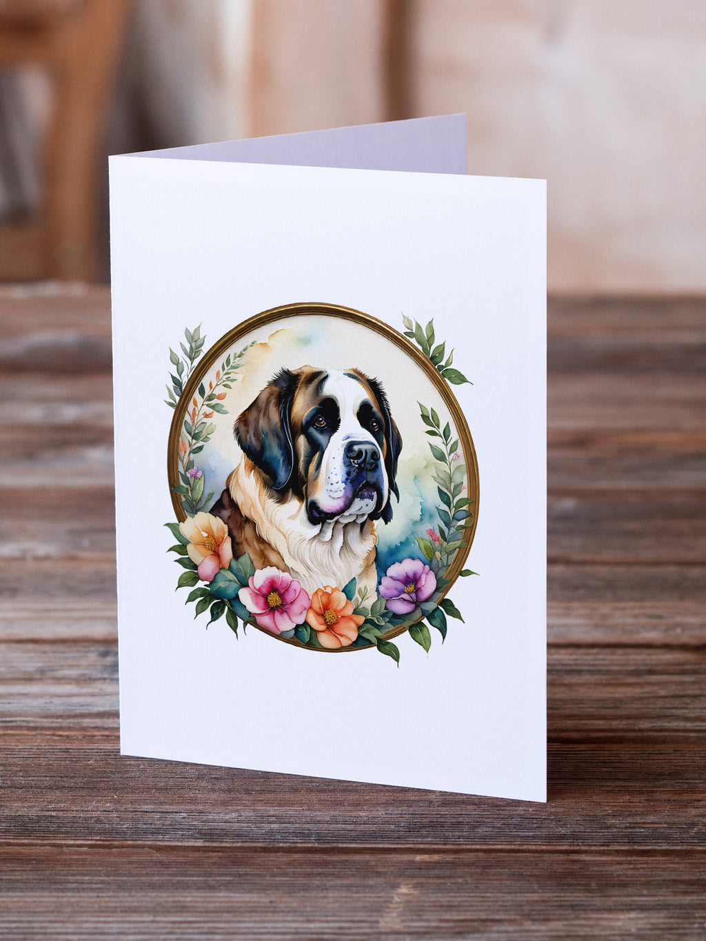 Saint Bernard and Flowers Greeting Cards Pack of 8 Blank Cards with Envelopes Whimsical A7 Size 5x7
