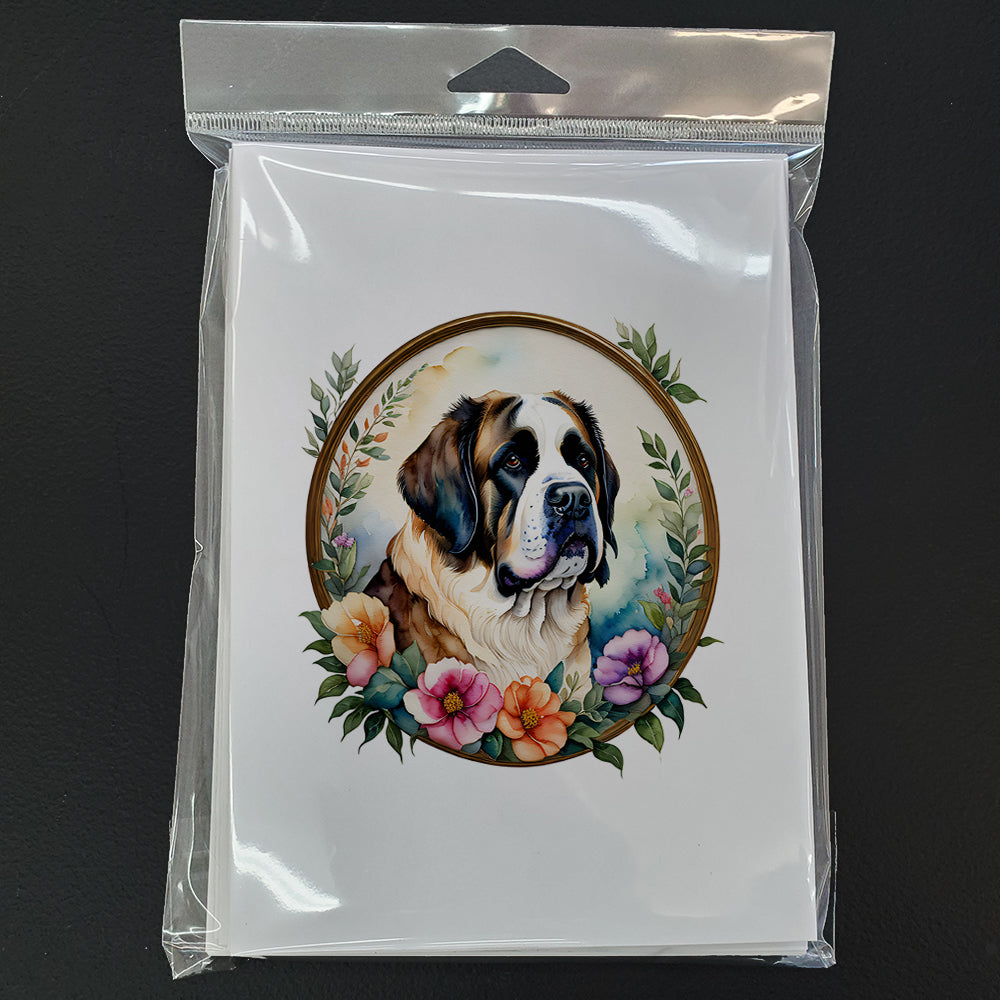 Saint Bernard and Flowers Greeting Cards Pack of 8 Blank Cards with Envelopes Whimsical A7 Size 5x7