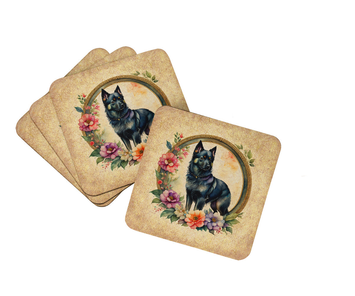 Schipperke and Flowers Foam Coasters Set of 4 Cup Coasters for Indoor Outdoor, Tabletop Protection, Anti Slip, Mouse pad Material