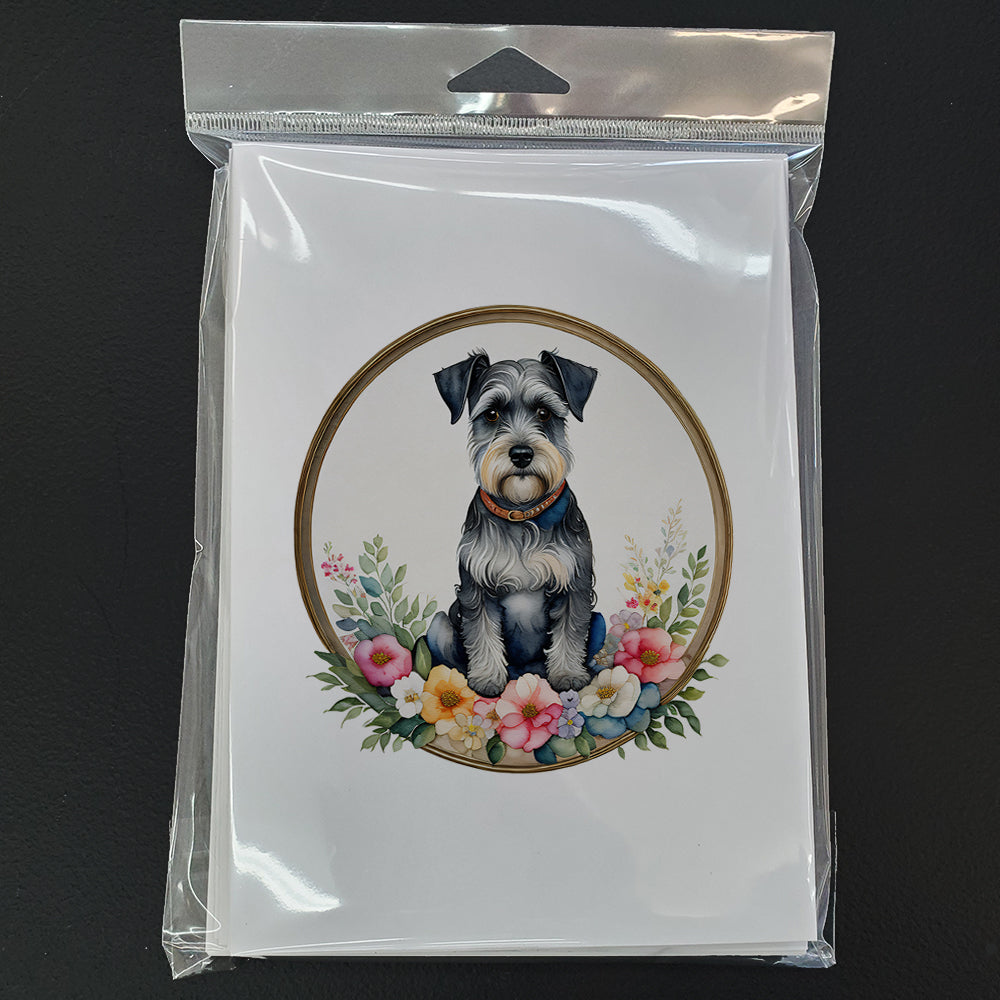 Schnauzer and Flowers Greeting Cards Pack of 8 Blank Cards with Envelopes Whimsical A7 Size 5x7