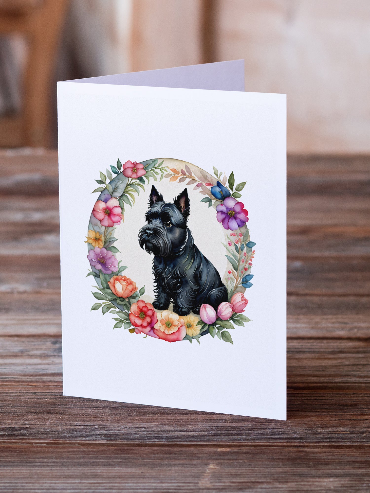 Scottish Terrier and Flowers Greeting Cards Pack of 8 Blank Cards with Envelopes Whimsical A7 Size 5x7