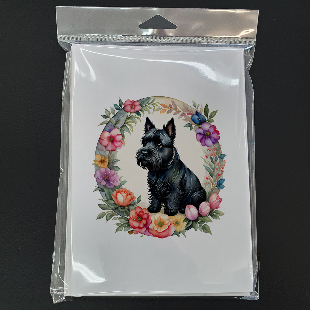 Scottish Terrier and Flowers Greeting Cards Pack of 8 Blank Cards with Envelopes Whimsical A7 Size 5x7