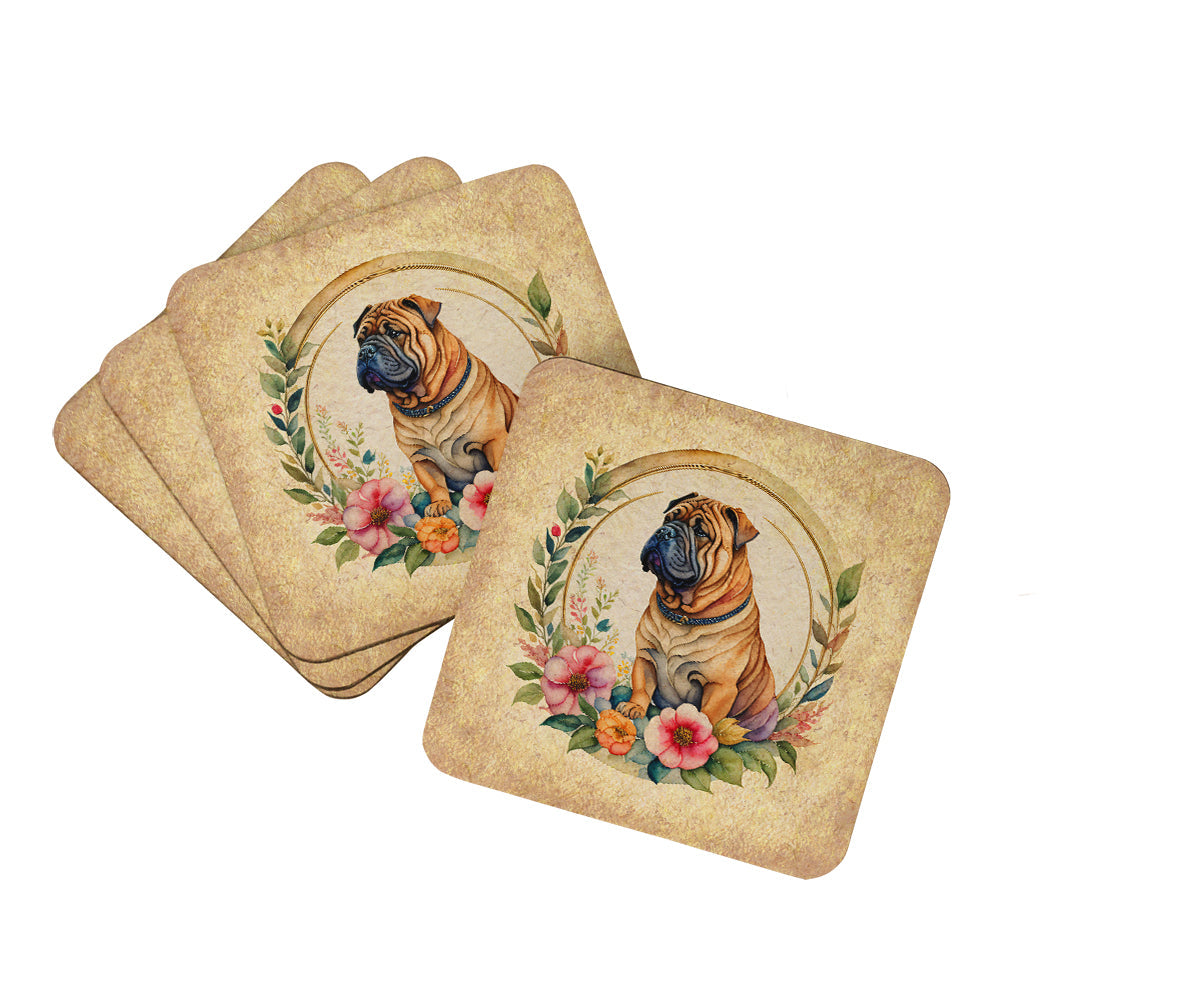 Shar Pei and Flowers Foam Coasters Set of 4 Cup Coasters for Indoor Outdoor, Tabletop Protection, Anti Slip, Mouse pad Material