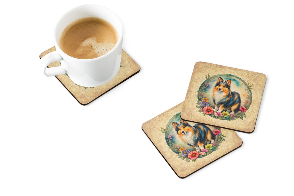 Sheltie and Flowers Foam Coasters Set of 4 Cup Coasters for Indoor Outdoor, Tabletop Protection, Anti Slip, Mouse pad Material
