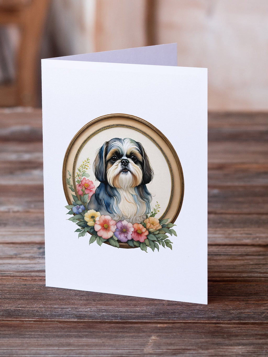 Shih Tzu and Flowers Greeting Cards Pack of 8 Blank Cards with Envelopes Whimsical A7 Size 5x7