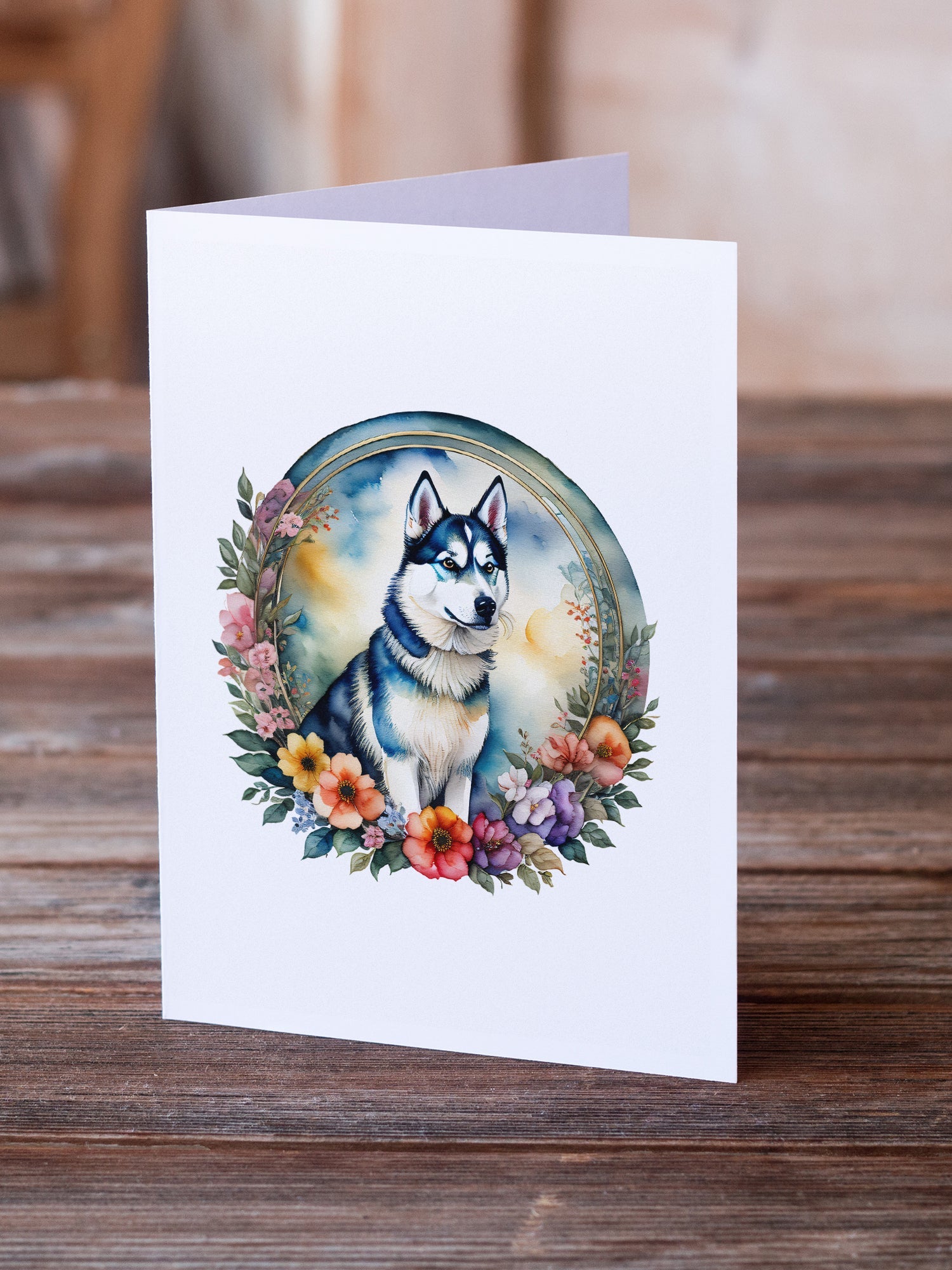 Siberian Husky and Flowers Greeting Cards Pack of 8 Blank Cards with Envelopes Whimsical A7 Size 5x7
