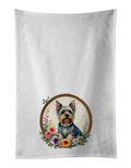 Silky Terrier and Flowers Kitchen Towel Set of 2 White Dish Towels Decorative Bathroom Hand towel for Hand, Face, Hair, Yoga, Tea, Dishcloth, 19 X 28", White