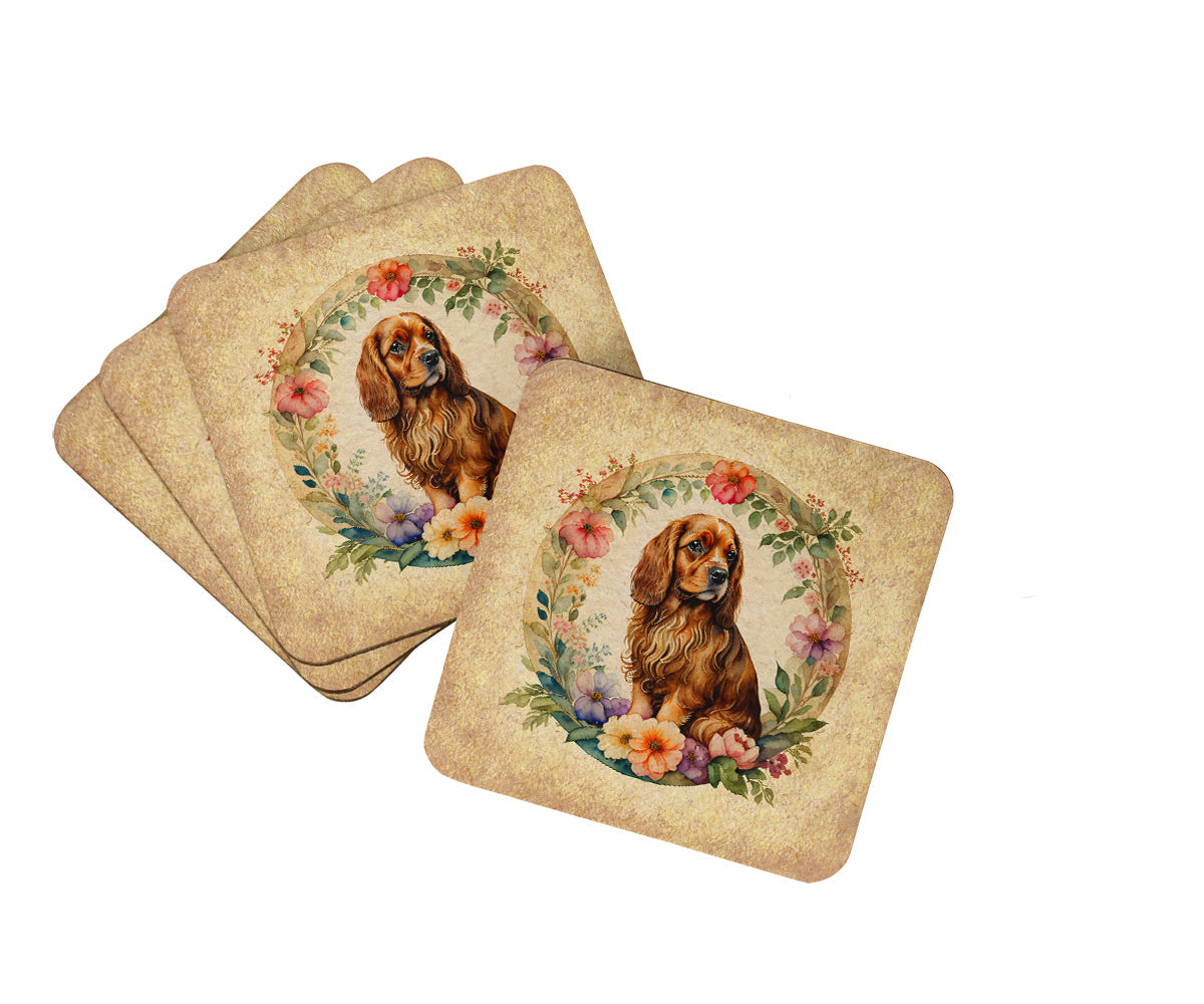Sussex Spaniel and Flowers Foam Coasters Set of 4 Cup Coasters for Indoor Outdoor, Tabletop Protection, Anti Slip, Mouse pad Material