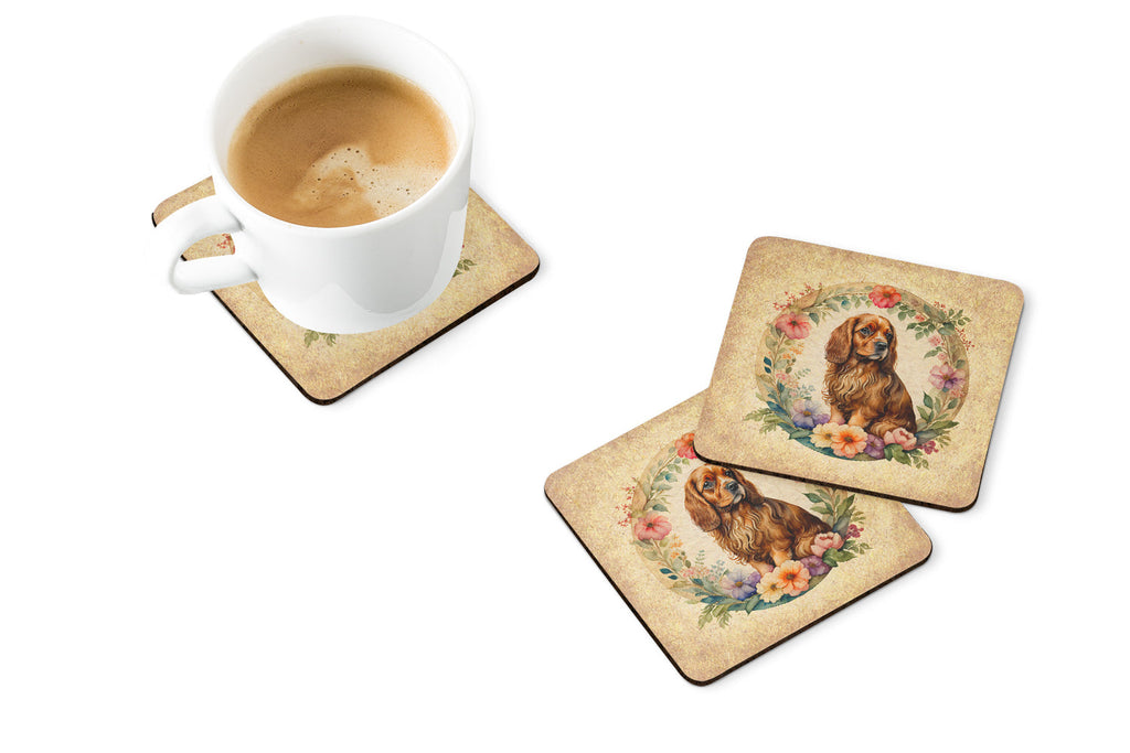 Sussex Spaniel and Flowers Foam Coasters Set of 4 Cup Coasters for Indoor Outdoor, Tabletop Protection, Anti Slip, Mouse pad Material