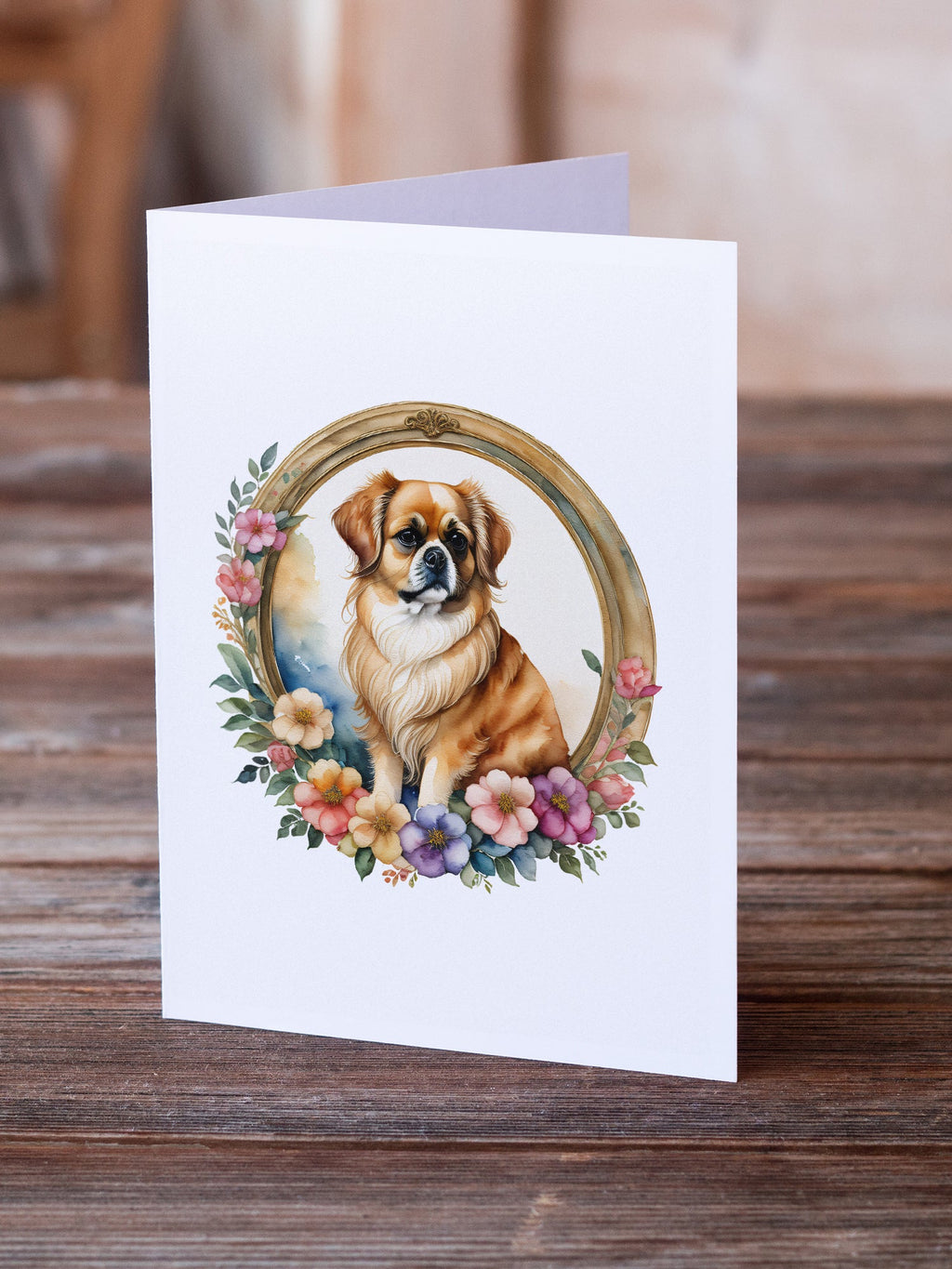 Tibetan Spaniel and Flowers Greeting Cards Pack of 8 Blank Cards with Envelopes Whimsical A7 Size 5x7