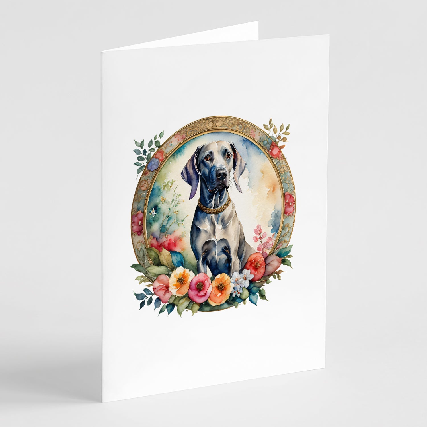Weimaraner and Flowers Greeting Cards Pack of 8 Blank Cards with Envelopes Whimsical A7 Size 5x7