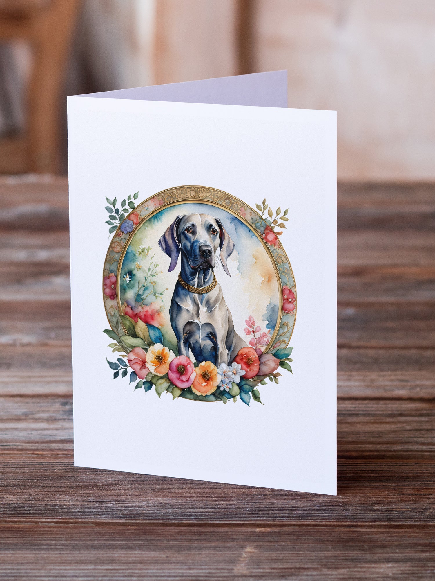 Weimaraner and Flowers Greeting Cards Pack of 8 Blank Cards with Envelopes Whimsical A7 Size 5x7