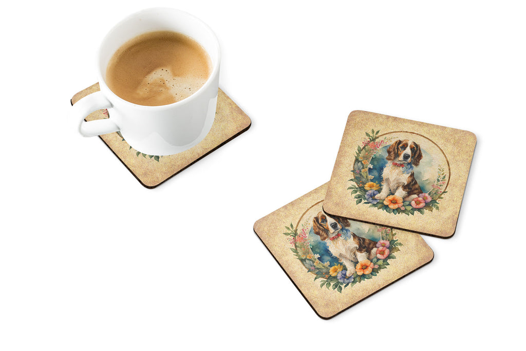 Welsh Springer Spaniel and Flowers Foam Coasters Set of 4 Cup Coasters for Indoor Outdoor, Tabletop Protection, Anti Slip, Mouse pad Material