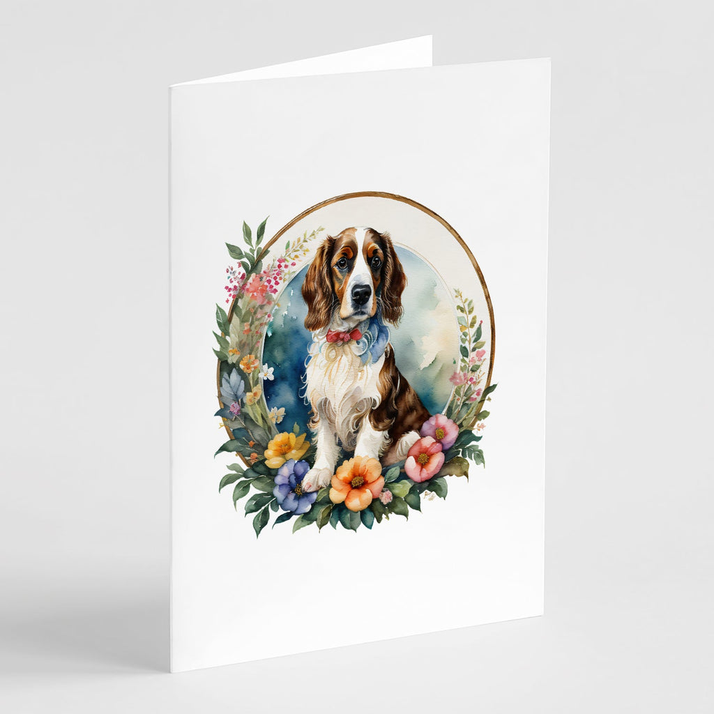 Welsh Springer Spaniel and Flowers Greeting Cards Pack of 8 Blank Cards with Envelopes Whimsical A7 Size 5x7