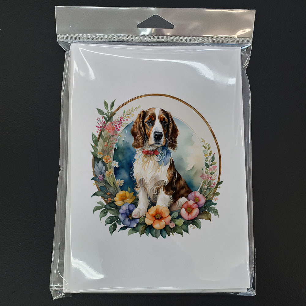 Welsh Springer Spaniel and Flowers Greeting Cards Pack of 8 Blank Cards with Envelopes Whimsical A7 Size 5x7
