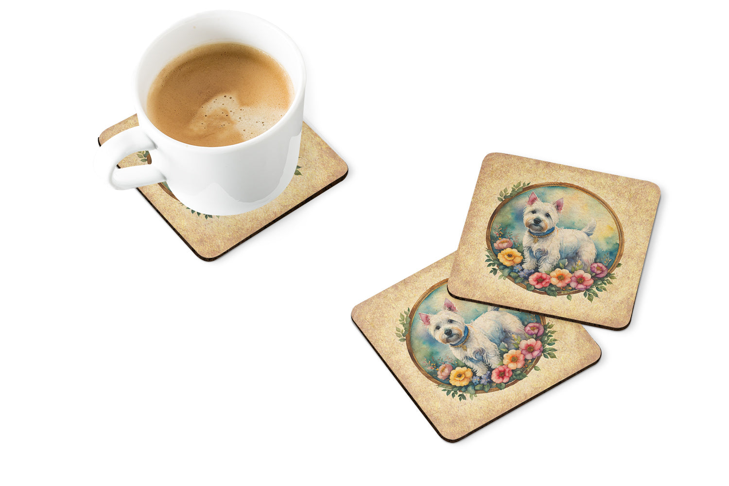 Westie and Flowers Foam Coasters Set of 4 Cup Coasters for Indoor Outdoor, Tabletop Protection, Anti Slip, Mouse pad Material
