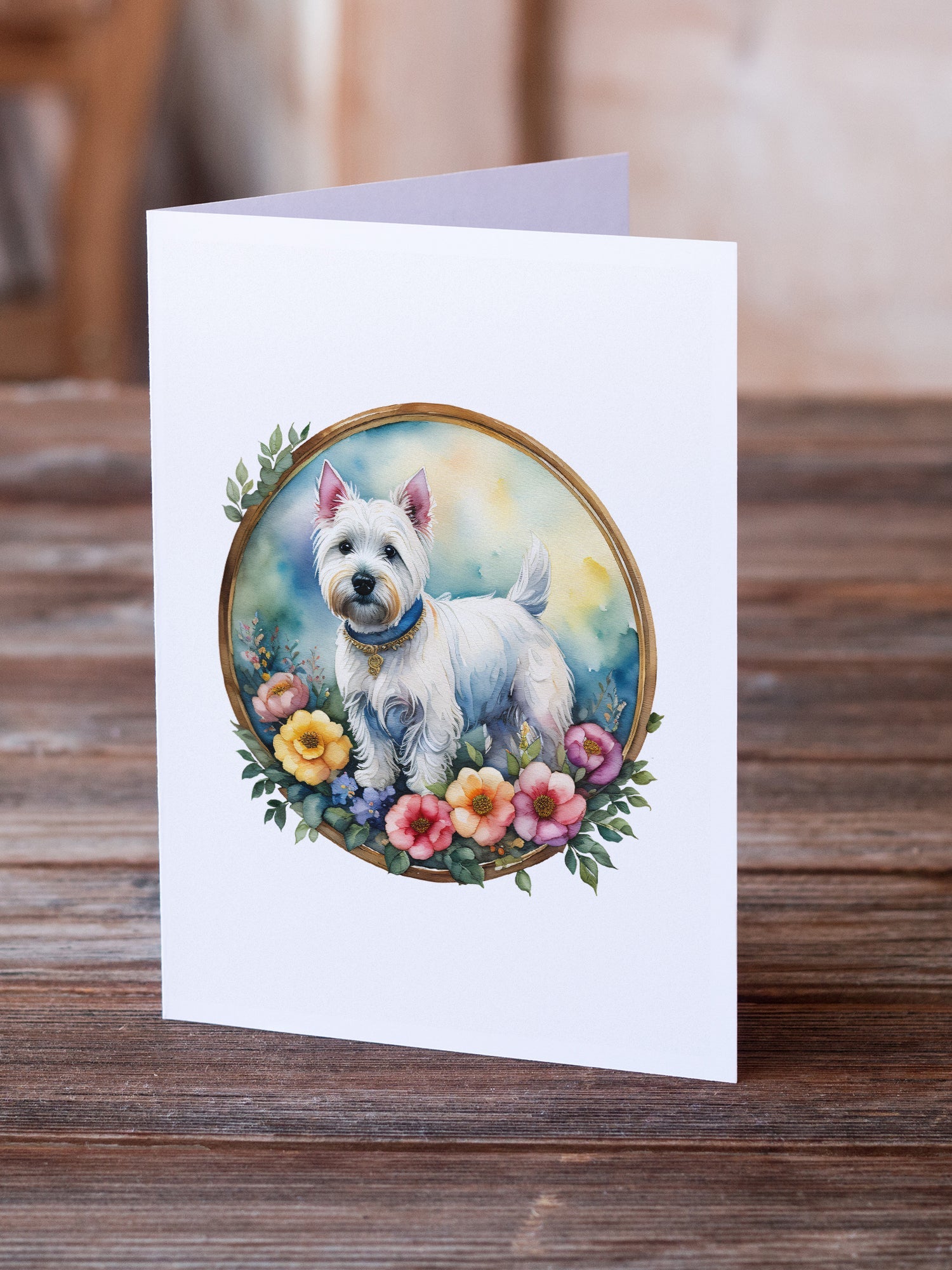 Westie and Flowers Greeting Cards Pack of 8 Blank Cards with Envelopes Whimsical A7 Size 5x7