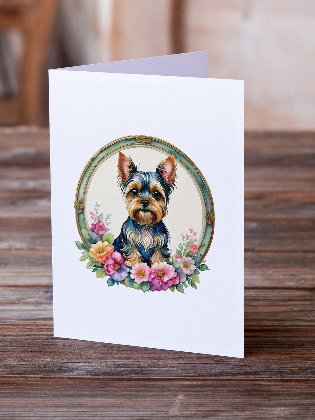 Yorkshire Terrier and Flowers Greeting Cards Pack of 8 Blank Cards with Envelopes Whimsical A7 Size 5x7