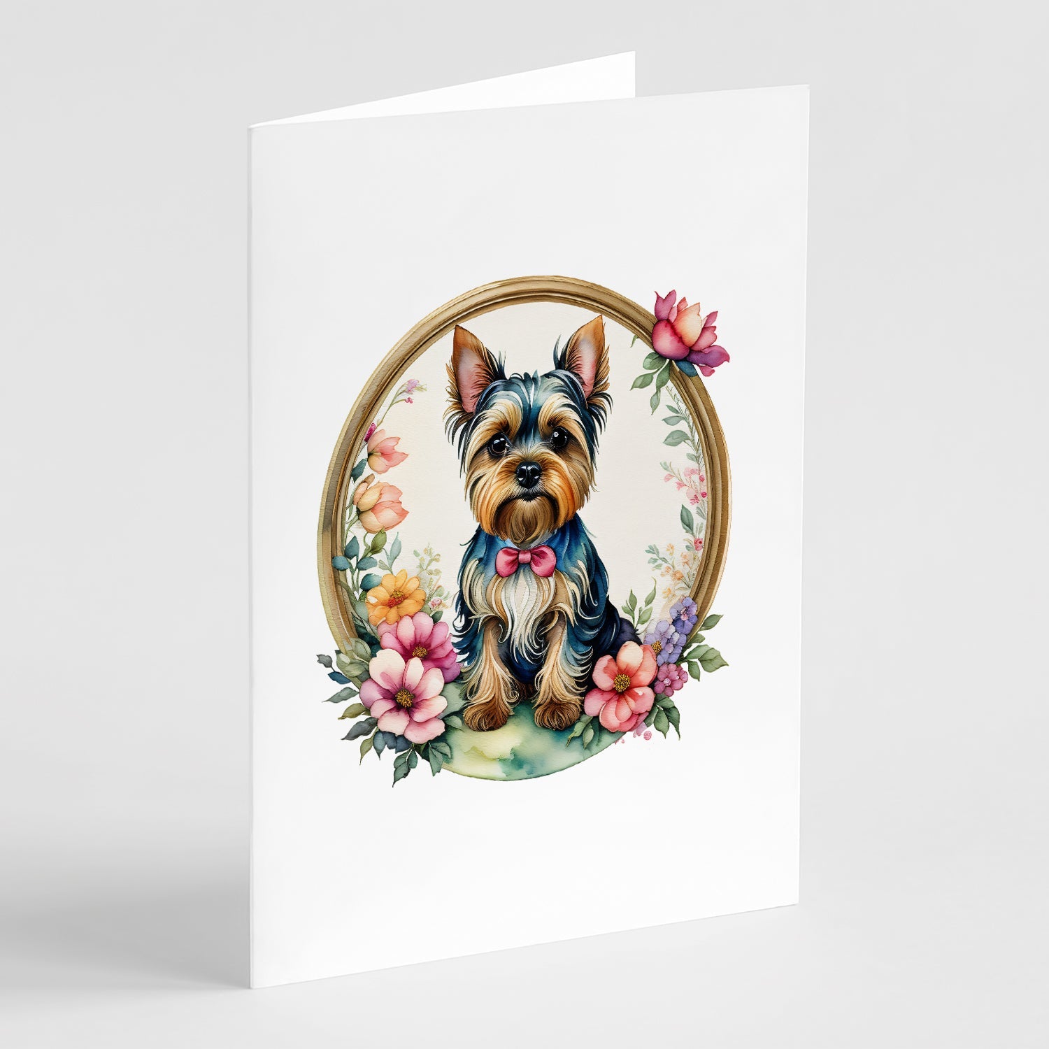 Yorkshire Terrier and Flowers Greeting Cards Pack of 8 Blank Cards with Envelopes Whimsical A7 Size 5x7