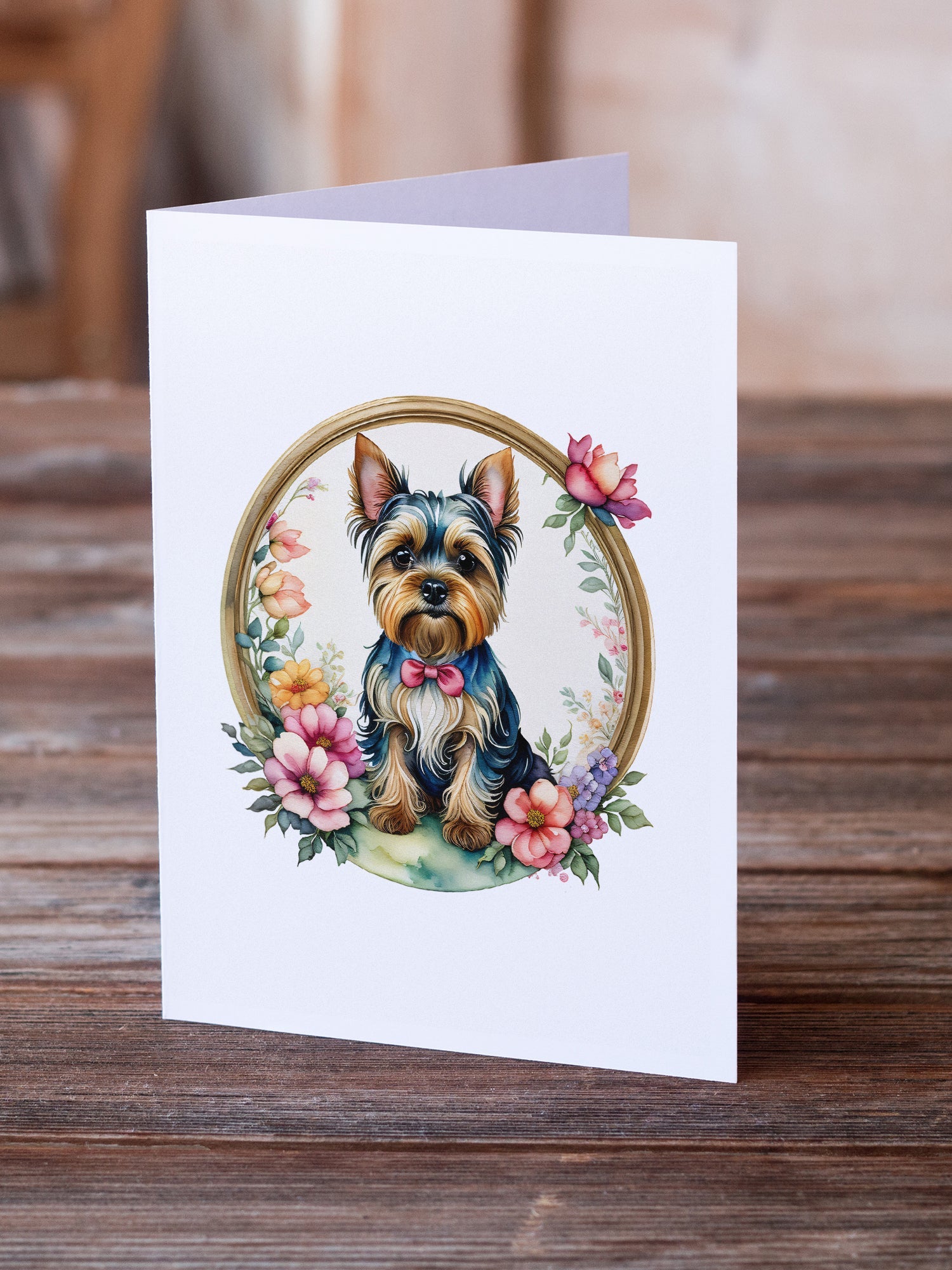 Yorkshire Terrier and Flowers Greeting Cards Pack of 8 Blank Cards with Envelopes Whimsical A7 Size 5x7
