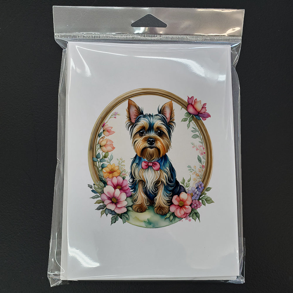 Yorkshire Terrier and Flowers Greeting Cards Pack of 8 Blank Cards with Envelopes Whimsical A7 Size 5x7