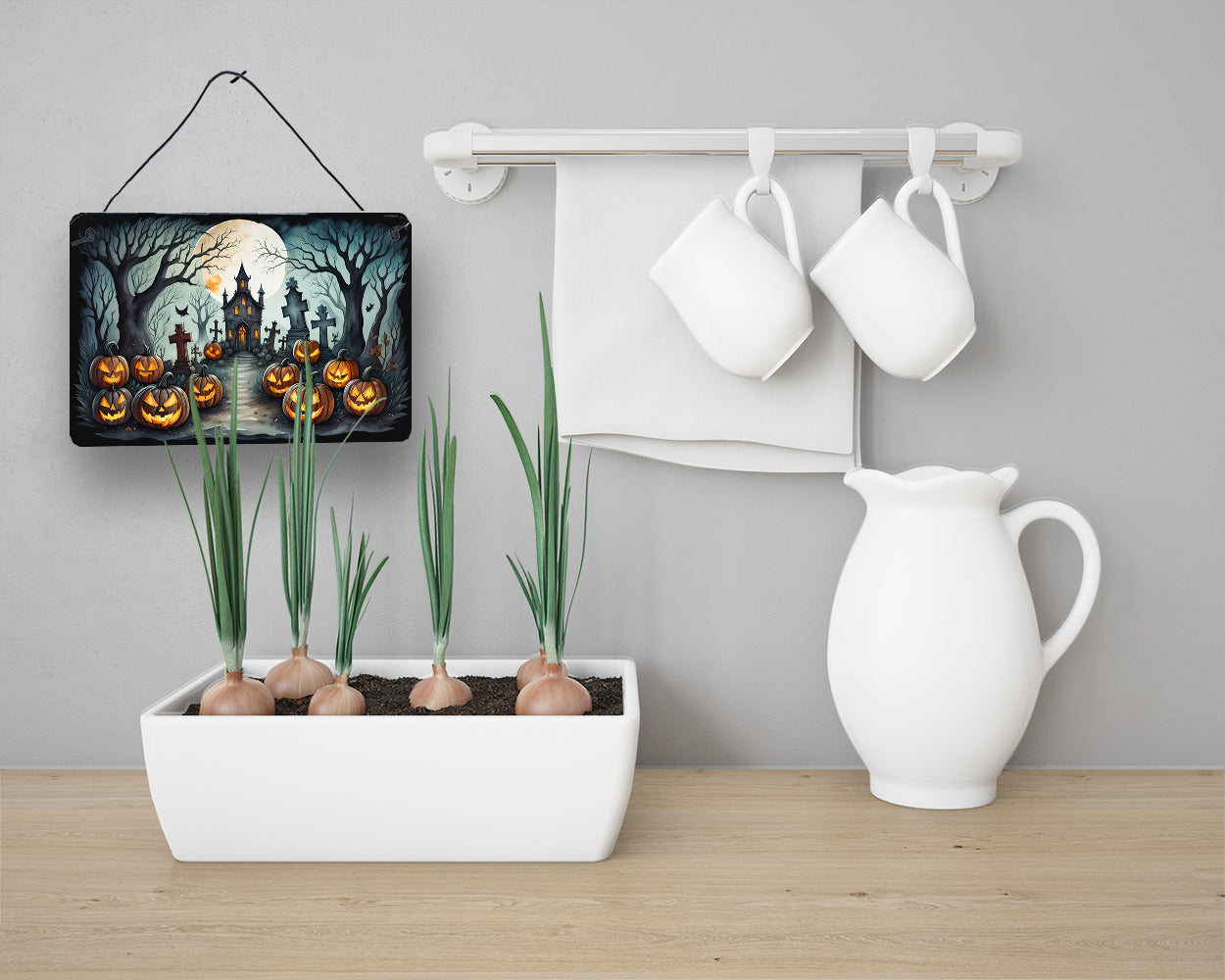 Graveyard Spooky Halloween Wall or Door Hanging Prints Aluminum Metal Sign Kitchen Wall Bar Bathroom Plaque Home Decor, 8HX12W, Multicolor