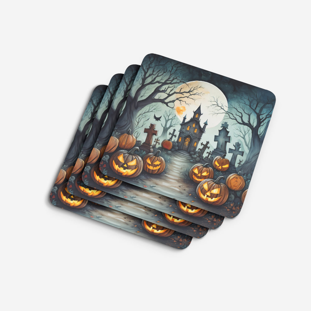 Graveyard Spooky Halloween Foam Coasters Set of 4 Cup Coasters for Indoor Outdoor, Tabletop Protection, Anti Slip, Mouse pad Material