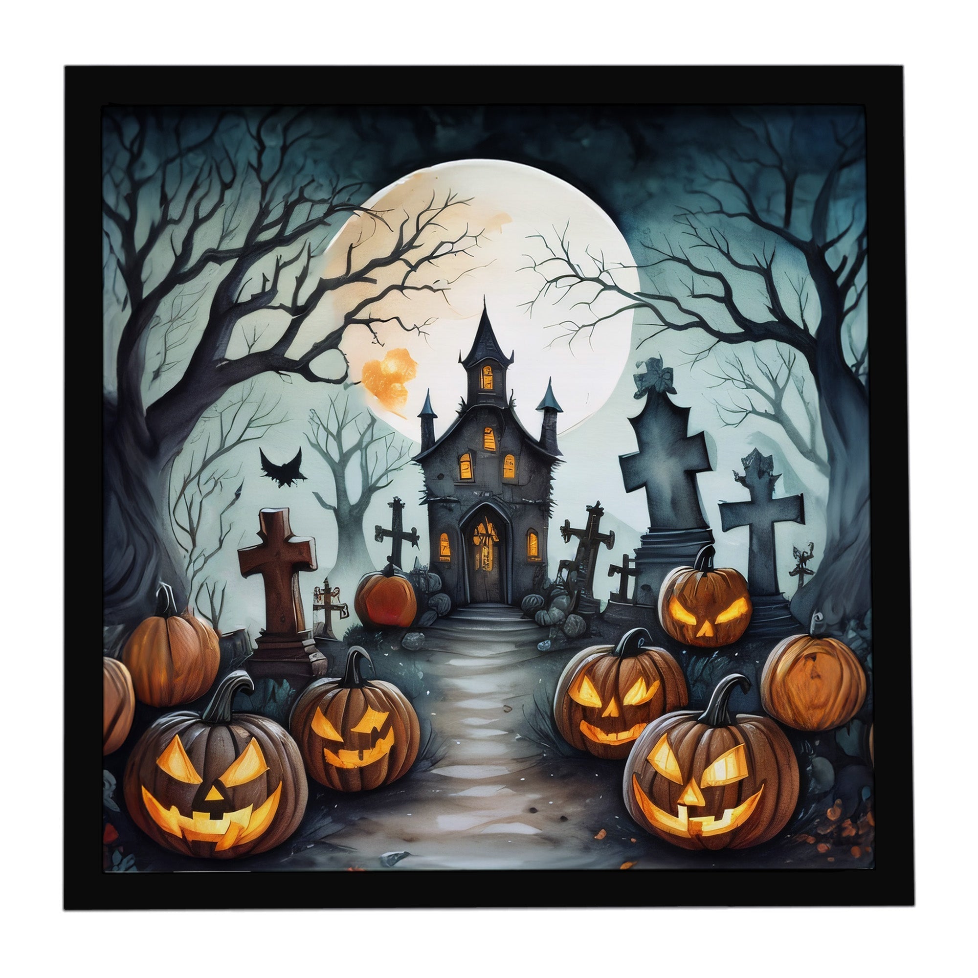 Graveyard Spooky Halloween Framed Metal Print Bathroom, Kitchen, Office, Home Decor Wall Art Ready to Hang, Square, 8X8