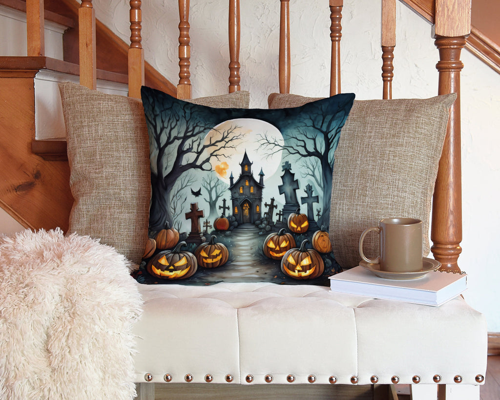 Graveyard Spooky Halloween Decorative Throw Pillow 14x14 Indoor Outdoor Accent Cushion, Fabric Cover with Insert for Sofa, Bed, Porch & Living Room