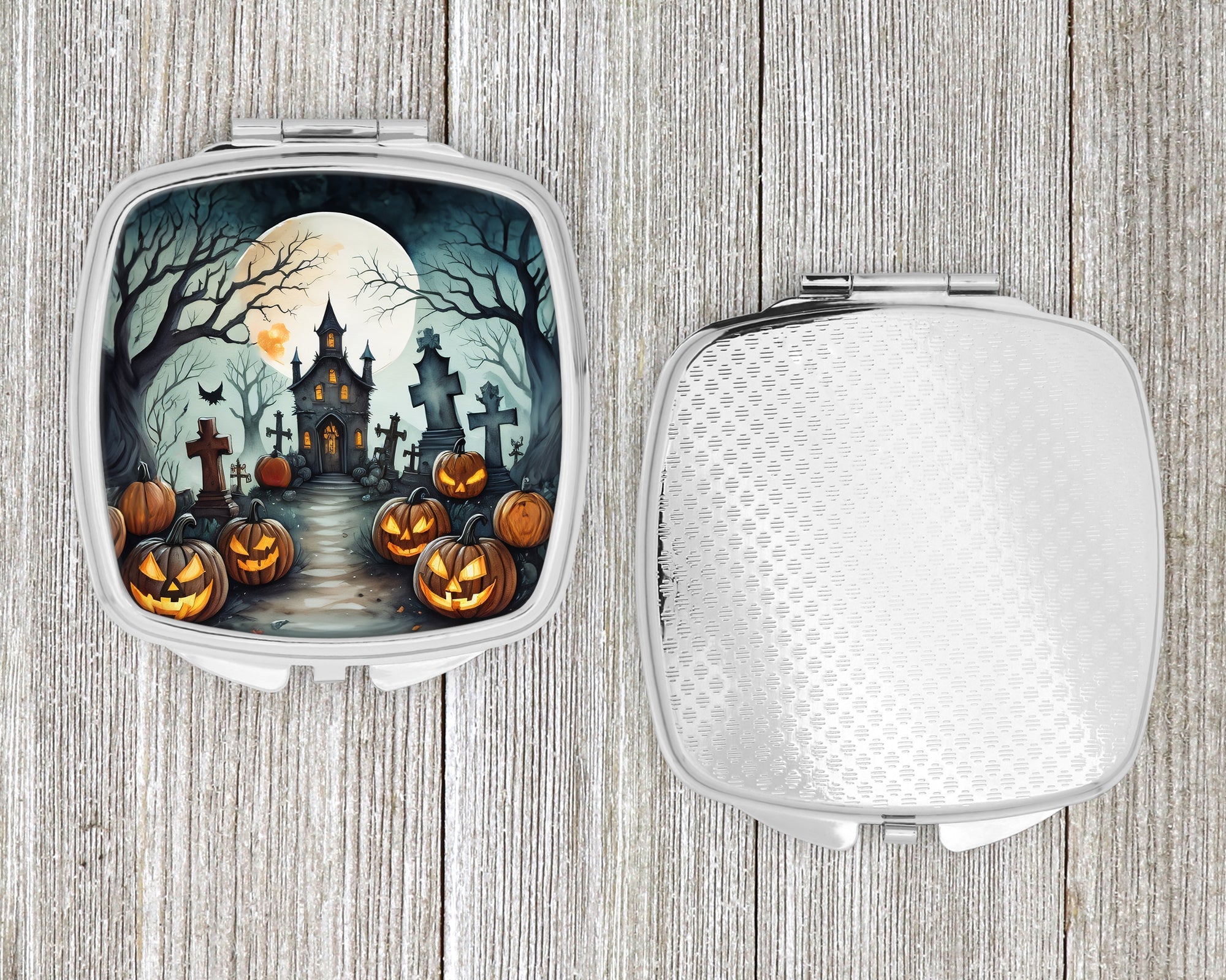 Graveyard Spooky Halloween Compact Mirror Decorative Travel Makeup Mirror for Women Girls Gifts Pocket Makeup Mirror Folding Handheld
