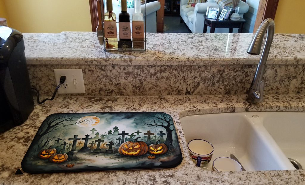 Graveyard Spooky Halloween Dish Drying Mat Absorbent Dish Drying Mat Pad for Kitchen Counter Dish Drainer Mat for Countertop, 14 x 21", Multicolor