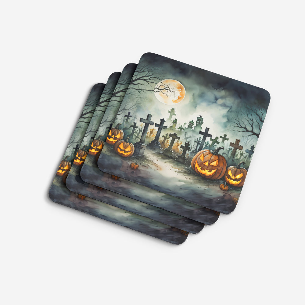 Graveyard Spooky Halloween Foam Coasters Set of 4 Cup Coasters for Indoor Outdoor, Tabletop Protection, Anti Slip, Mouse pad Material