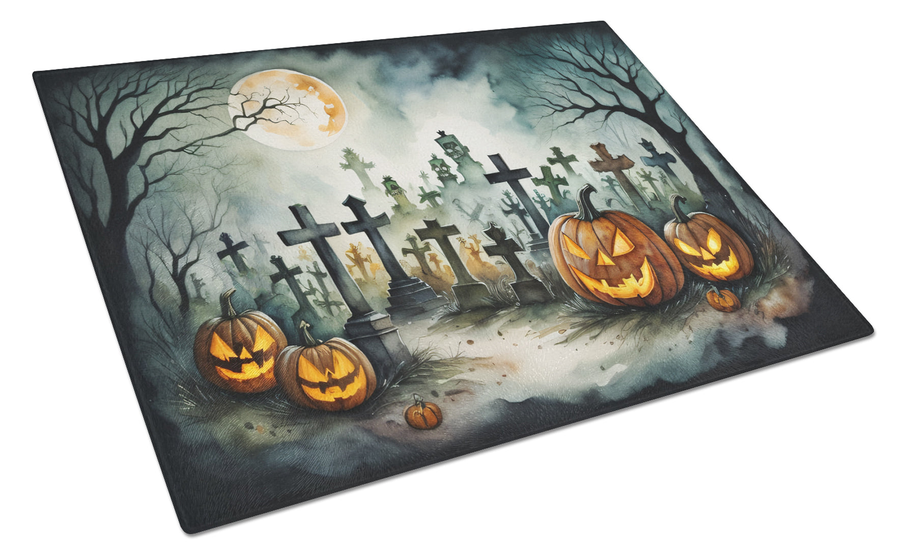 Graveyard Spooky Halloween Cutting Board Tempered Glass Kitchen Cutting Surface, Heat Resistant Chopping, Non-Slip Feet, Food Prep & Serving