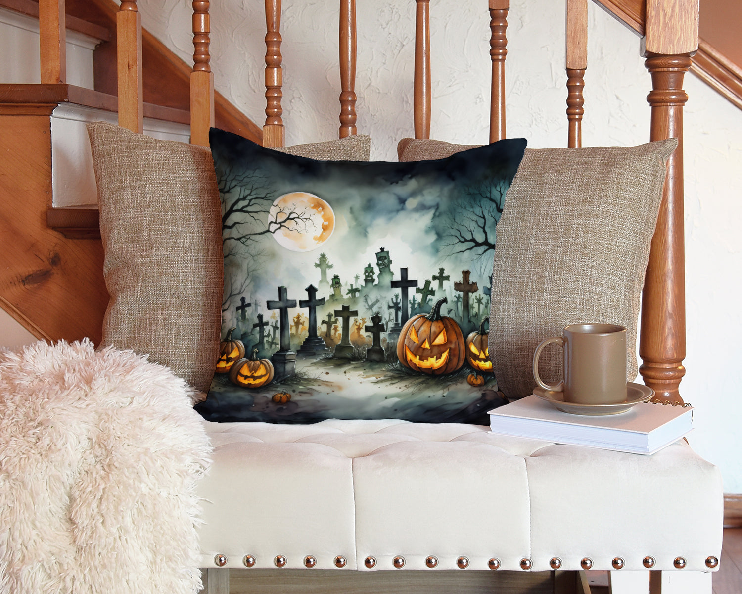 Graveyard Spooky Halloween Decorative Throw Pillow 14x14 Indoor Outdoor Accent Cushion, Fabric Cover with Insert for Sofa, Bed, Porch & Living Room