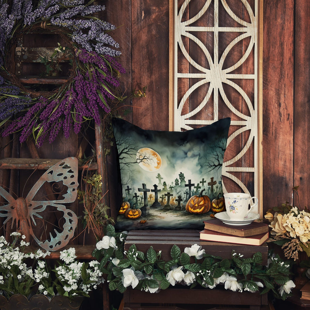 Graveyard Spooky Halloween Decorative Throw Pillow 14x14 Indoor Outdoor Accent Cushion, Fabric Cover with Insert for Sofa, Bed, Porch & Living Room