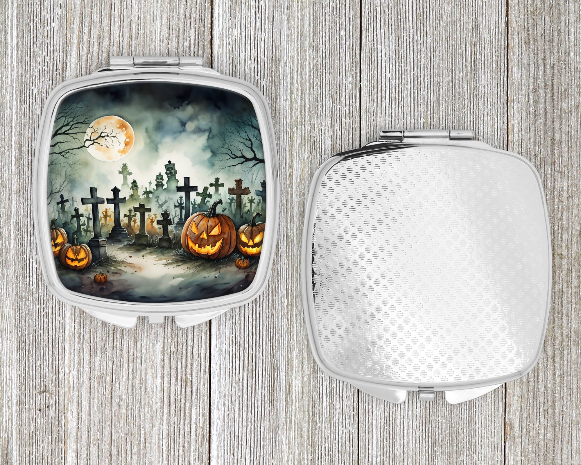 Graveyard Spooky Halloween Compact Mirror Decorative Travel Makeup Mirror for Women Girls Gifts Pocket Makeup Mirror Folding Handheld
