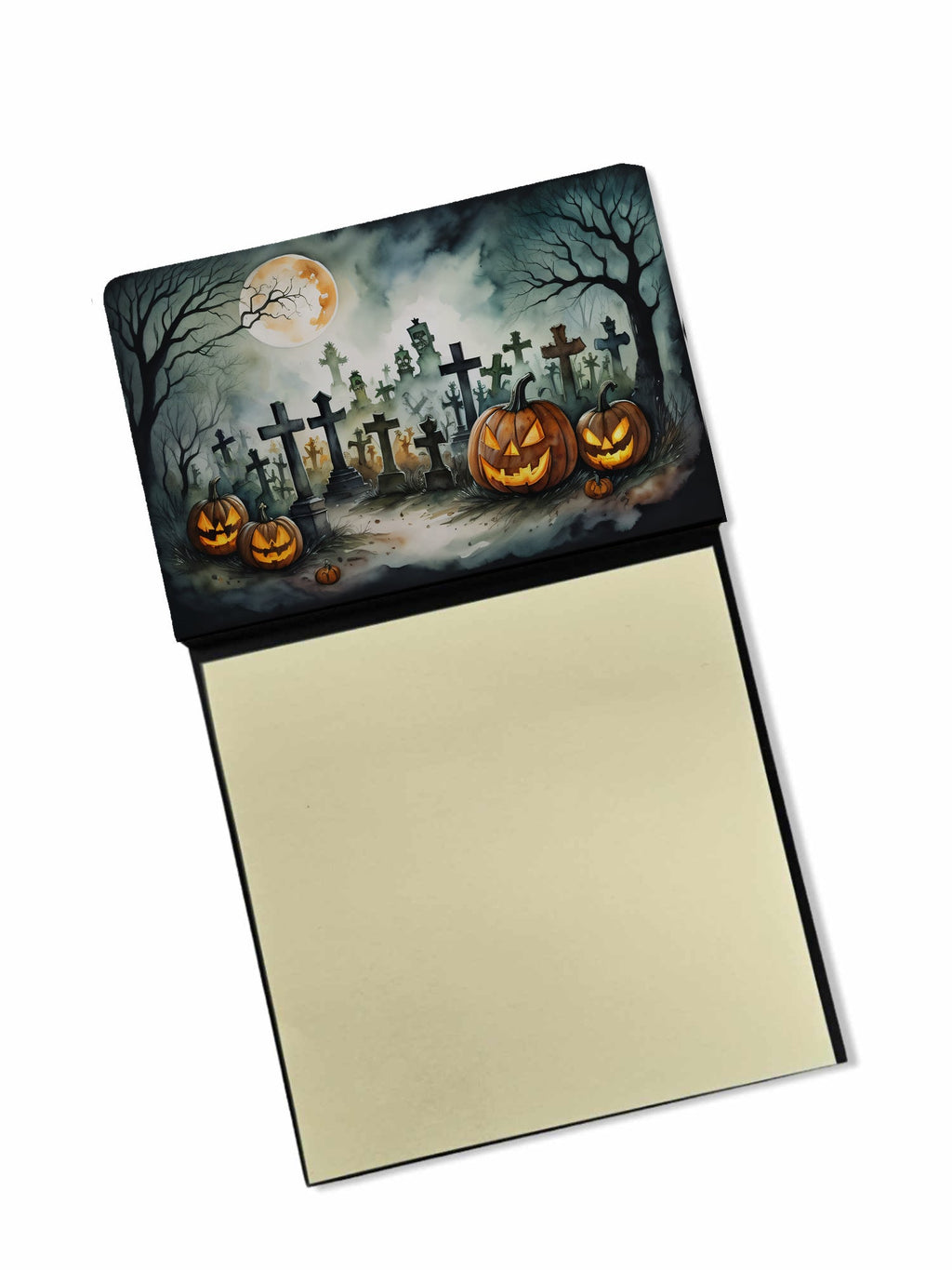 Graveyard Spooky Halloween Watercolor Sticky Note Holder Refillable Dispenser Desk Accessory 3x3 Pad Gift