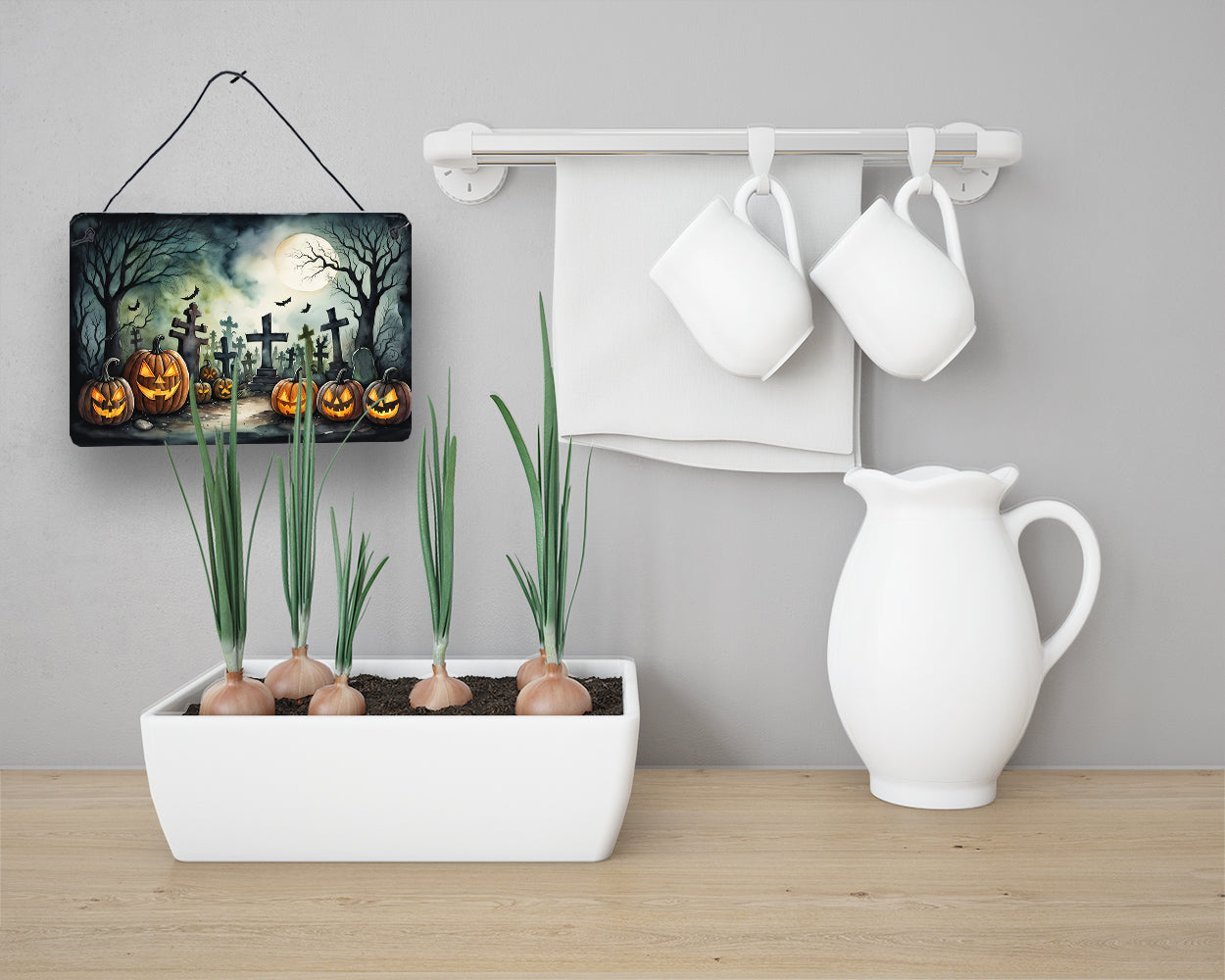 Graveyard Spooky Halloween Wall or Door Hanging Prints Aluminum Metal Sign Kitchen Wall Bar Bathroom Plaque Home Decor, 8HX12W, Multicolor