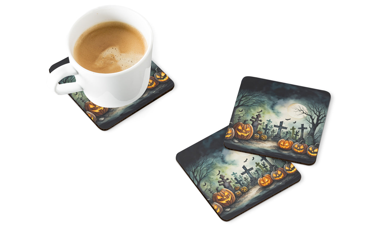 Graveyard Spooky Halloween Foam Coasters Set of 4 Cup Coasters for Indoor Outdoor, Tabletop Protection, Anti Slip, Mouse pad Material