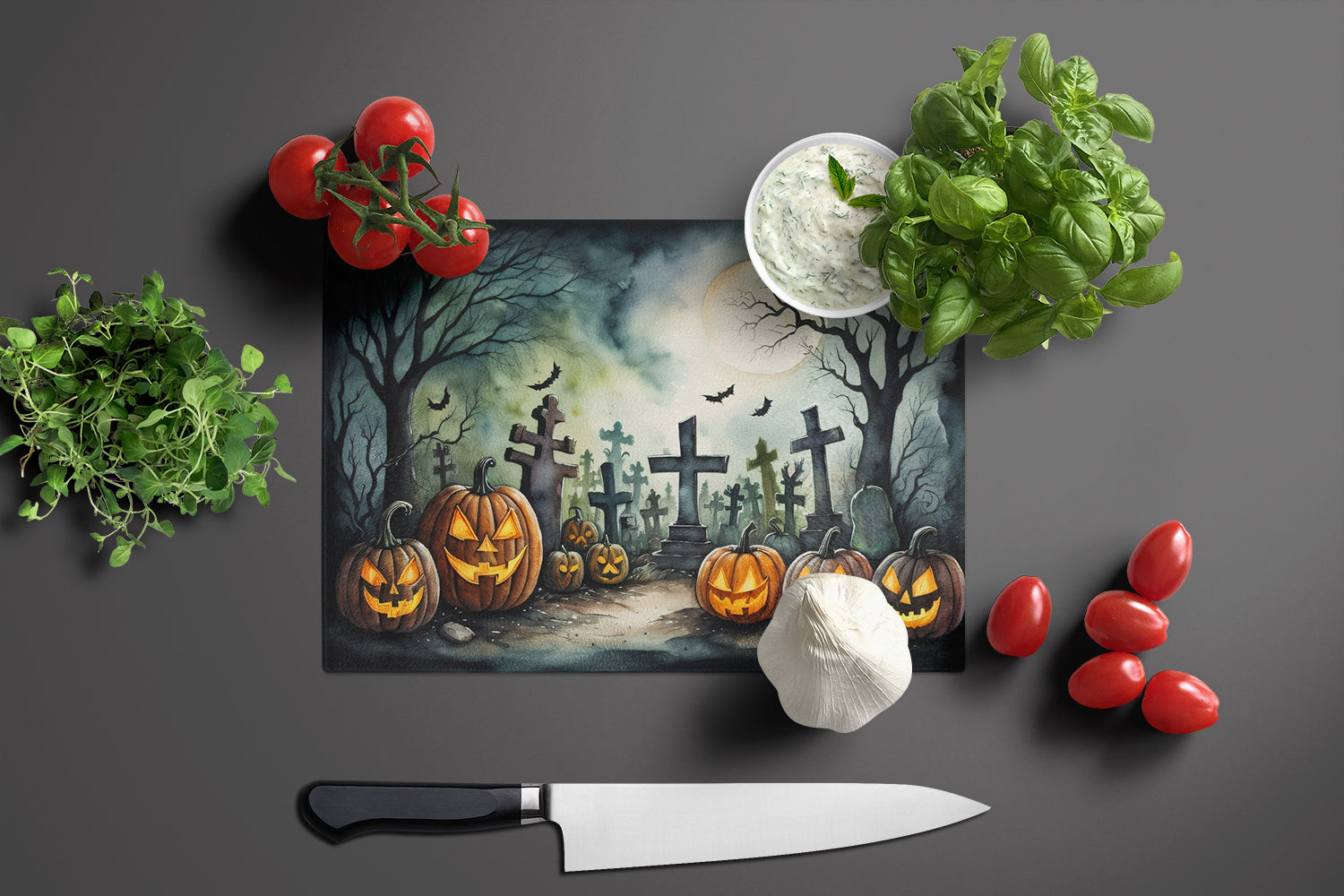 Graveyard Spooky Halloween Cutting Board Tempered Glass Kitchen Cutting Surface, Heat Resistant Chopping, Non-Slip Feet, Food Prep & Serving