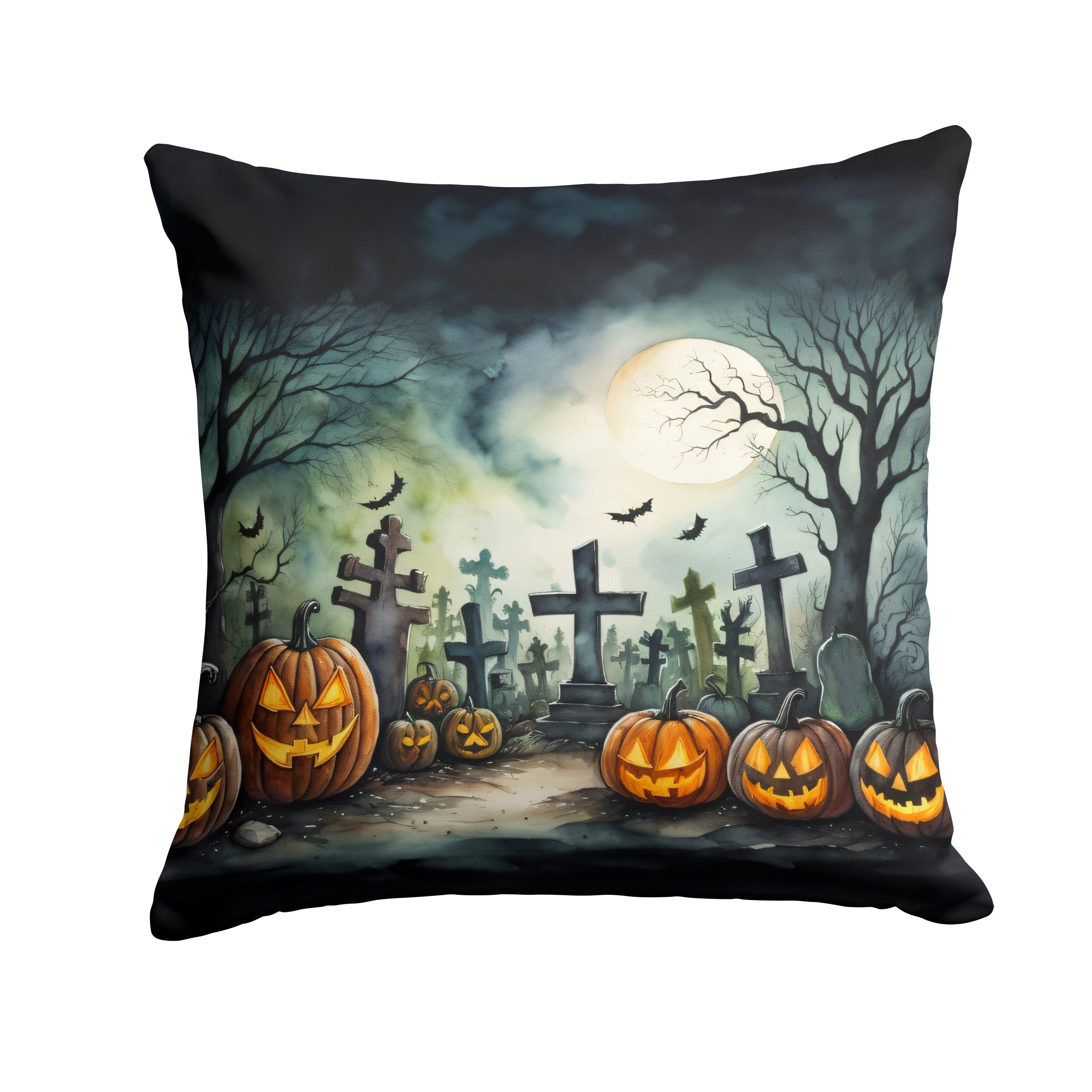 Graveyard Spooky Halloween Decorative Throw Pillow 14x14 Indoor Outdoor Accent Cushion, Fabric Cover with Insert for Sofa, Bed, Porch & Living Room