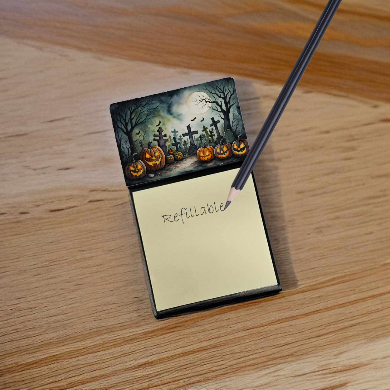 Graveyard Spooky Halloween Watercolor Sticky Note Holder Refillable Dispenser Desk Accessory 3x3 Pad Gift
