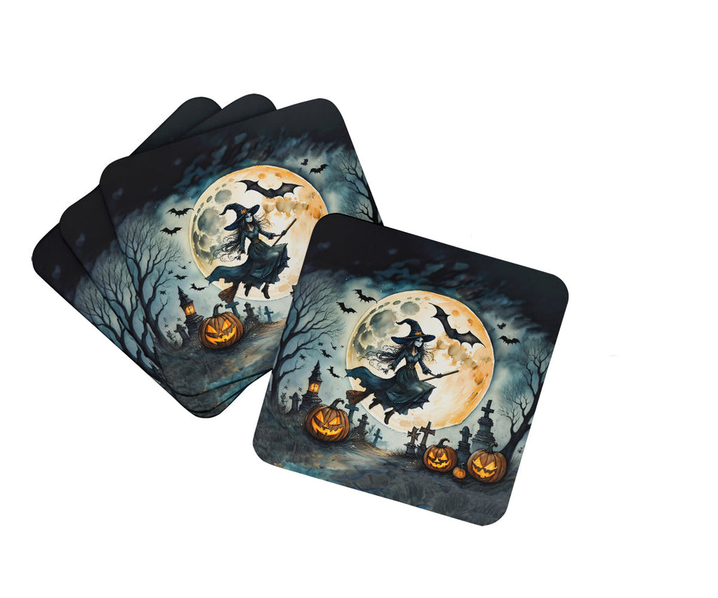 Flying Witch Spooky Halloween Foam Coasters Set of 4 Cup Coasters for Indoor Outdoor, Tabletop Protection, Anti Slip, Mouse pad Material