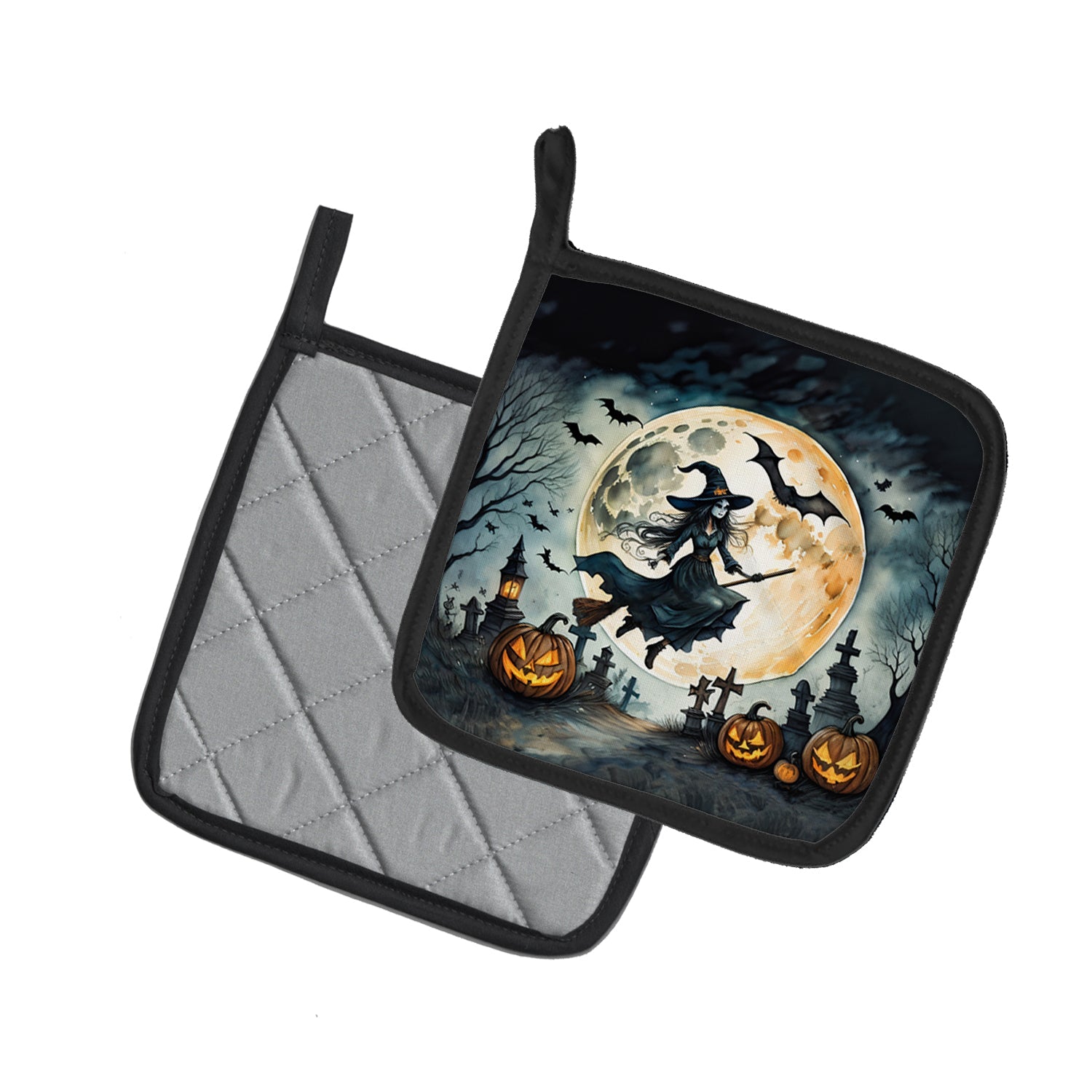 Flying Witch Spooky Halloween Pot Holder Set of 2 Heat Resistant Quilted Hot Pads 7.5 x 7.5 Inch, Insulated Kitchen Trivets for Cooking & Baking