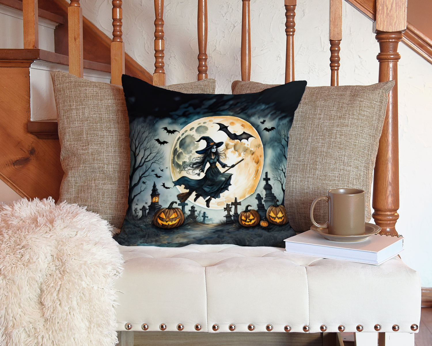 Flying Witch Spooky Halloween Decorative Throw Pillow 14x14 Indoor Outdoor Accent Cushion, Fabric Cover with Insert for Sofa, Bed, Porch & Living Room