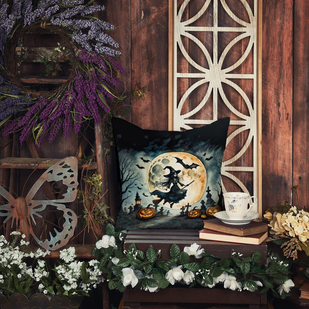 Flying Witch Spooky Halloween Decorative Throw Pillow 14x14 Indoor Outdoor Accent Cushion, Fabric Cover with Insert for Sofa, Bed, Porch & Living Room