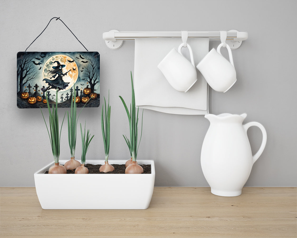 Flying Witch Spooky Halloween Wall or Door Hanging Prints Aluminum Metal Sign Kitchen Wall Bar Bathroom Plaque Home Decor, 8HX12W, Multicolor