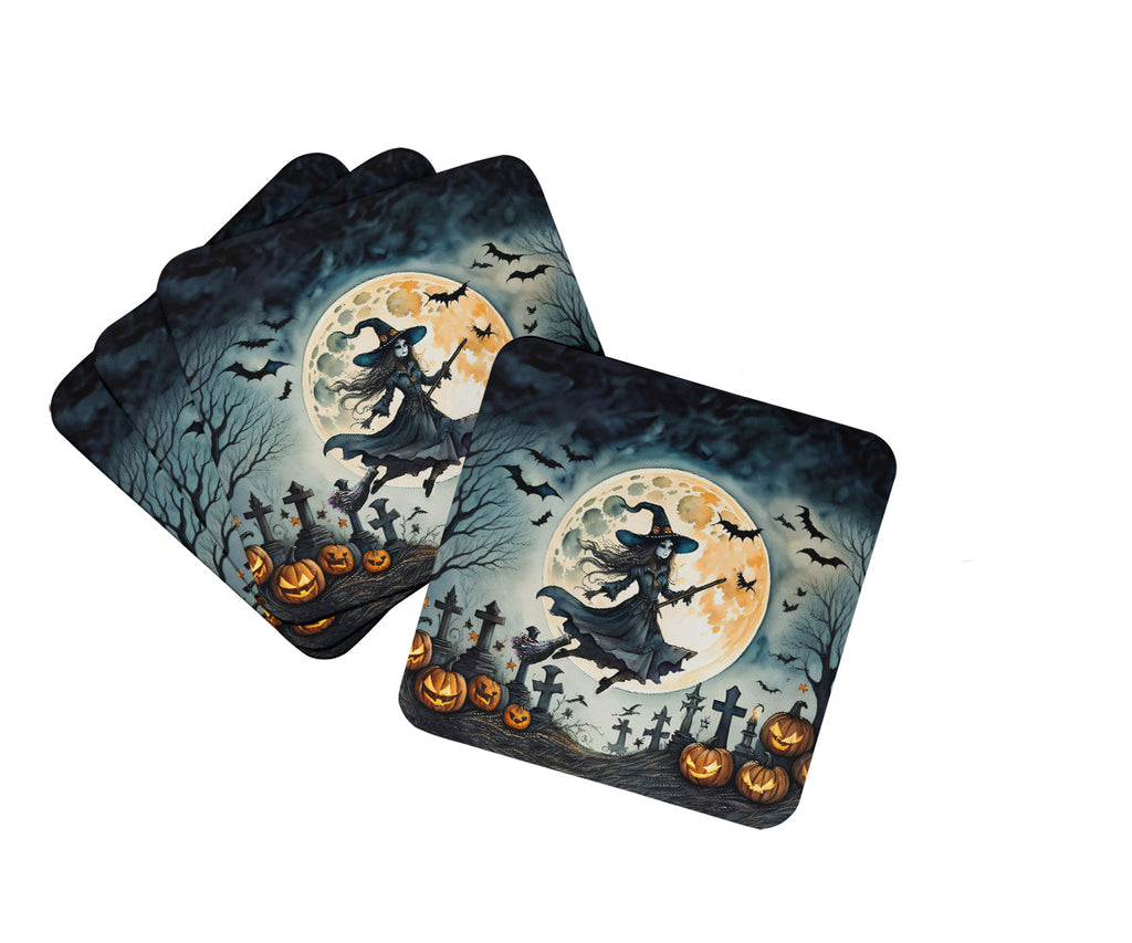 Flying Witch Spooky Halloween Foam Coasters Set of 4 Cup Coasters for Indoor Outdoor, Tabletop Protection, Anti Slip, Mouse pad Material