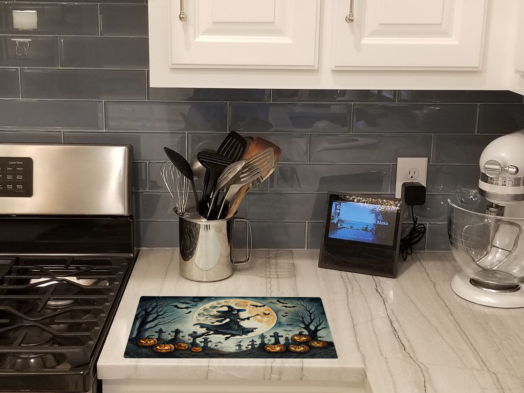 Flying Witch Spooky Halloween Cutting Board Tempered Glass Kitchen Cutting Surface, Heat Resistant Chopping, Non-Slip Feet, Food Prep & Serving